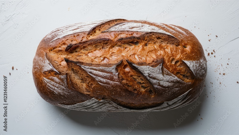 Poster freshly baked rye bread loaf with golden crust and intricate slashes placed on a light gray surface 
