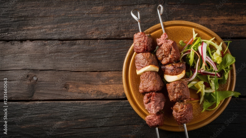 Poster grilled meat skewers served on a rustic brown plate with fresh salad featuring greens and red onions