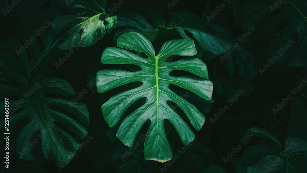 Aufkleber large green monstera leaf centered in dark foliage with soft light highlighting its texture and vibr