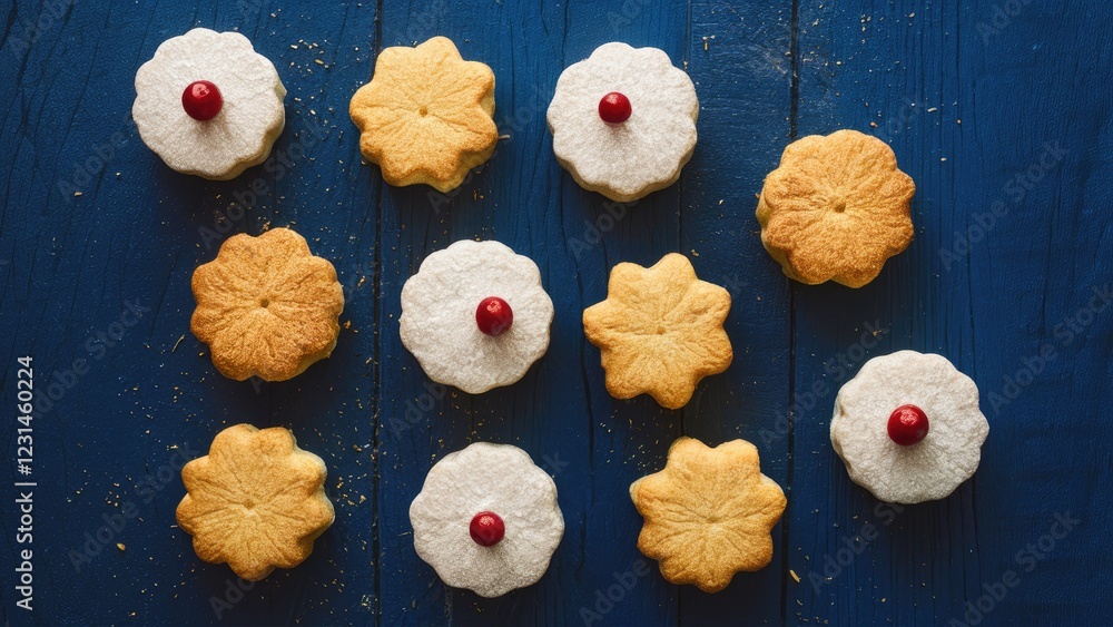 Poster colorful round biscuits arranged on a dark blue wooden surface, featuring golden and white cookies t