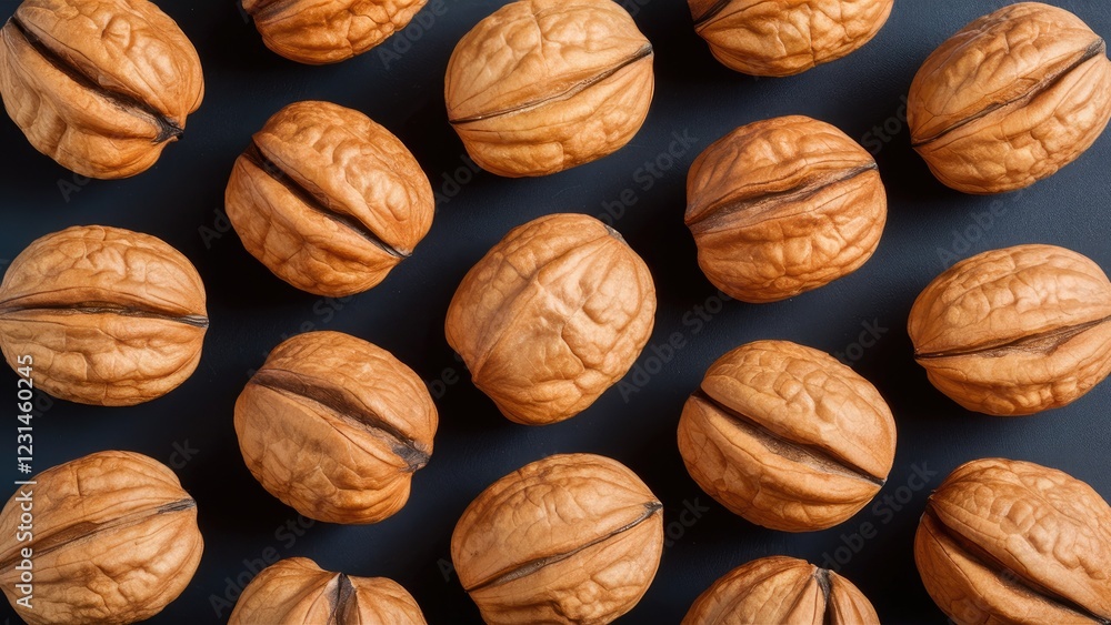 Poster Walnuts arranged in a grid pattern on a dark slate background with overhead perspective offering ample space for text insertion