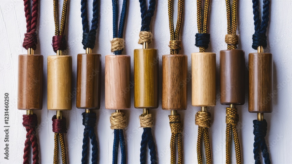 Poster wood and rope necklaces in various wood tones arranged horizontally on a white background with contr