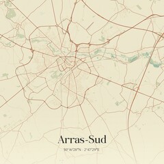 Retro map of Arras-Sud, Hauts-de-France, France. Vintage street map.
