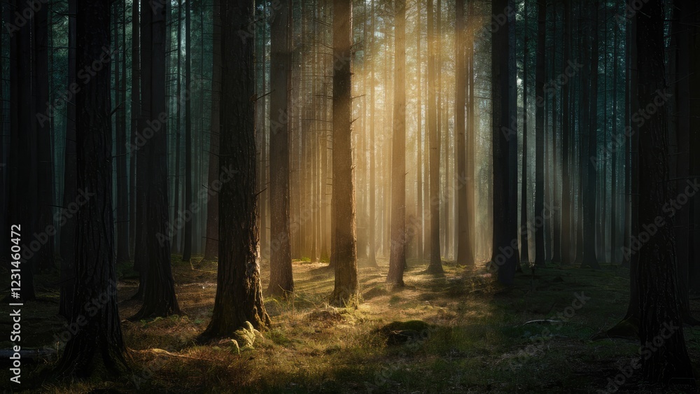 Fototapete Sunlight streaming through dense pine trees in a misty forest, illuminating golden grass patches and creating a serene, tranquil atmosphere.