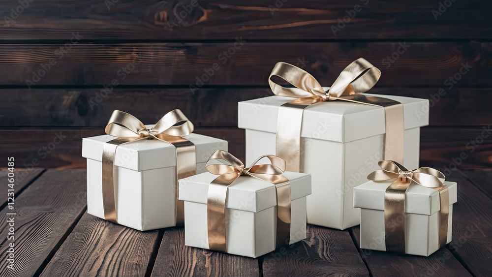 Poster elegant white and gold gift boxes arranged on a dark wooden table creating a festive atmosphere with