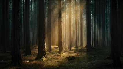 Obraz premium Sunlight streaming through dense pine trees in a misty forest, illuminating golden grass patches and creating a serene, tranquil atmosphere.