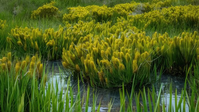 Vibrant Cyperus difformis plant clusters in lush green wetland, featuring bright yellow flower heads and rich foliage reflecting in water surface.