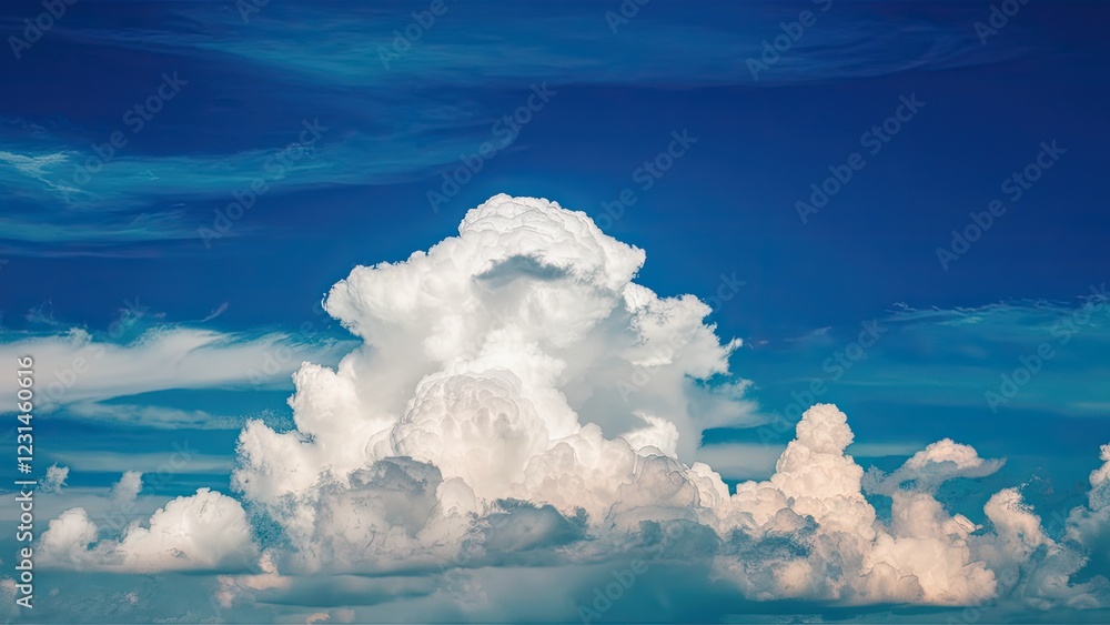 Poster vibrant blue sky with large fluffy white clouds creating a serene summer landscape ample negative sp