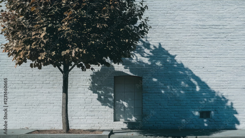 Aufkleber tree shadow on textured white brick wall, autumn leaves casting intricate patterns, sunlight creatin