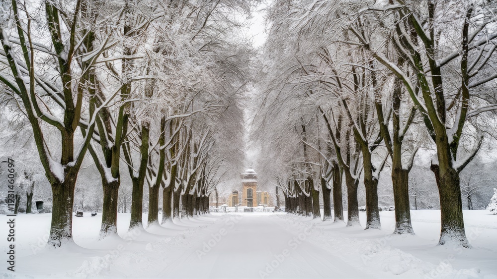 Poster Snowy park pathway lined with tall snow-covered trees creating a serene winter landscape with a gentle gray sky in the background.