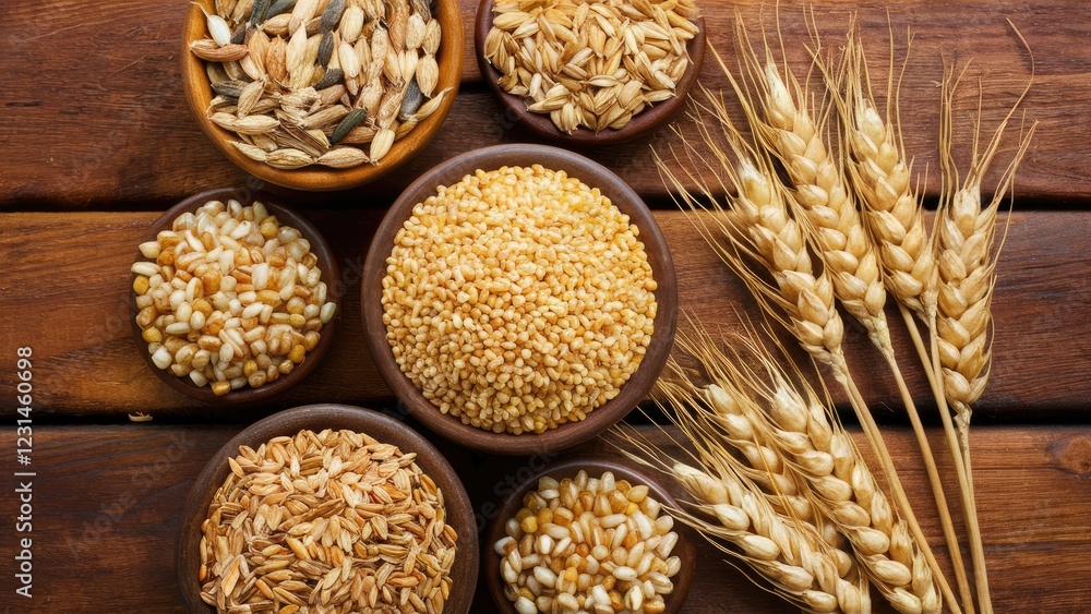 Poster aerial view of assorted grains in brown bowls with golden wheat ears on a rustic wooden table, showc