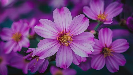 Purple flower with delicate petals and bright yellow stamens in a blurred background of vibrant pink blooms, creating a soft, enchanting atmosphere.