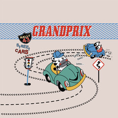 Fototapeta premium Cute animal vector illustration racing at high speed in a thrilling car race, fast and dynamic 