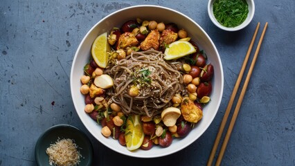 Nutritious vegan soba noodle dish featuring chickpeas, peanuts, hazelnuts, and lime, served in a white bowl on a blue background with chopsticks.