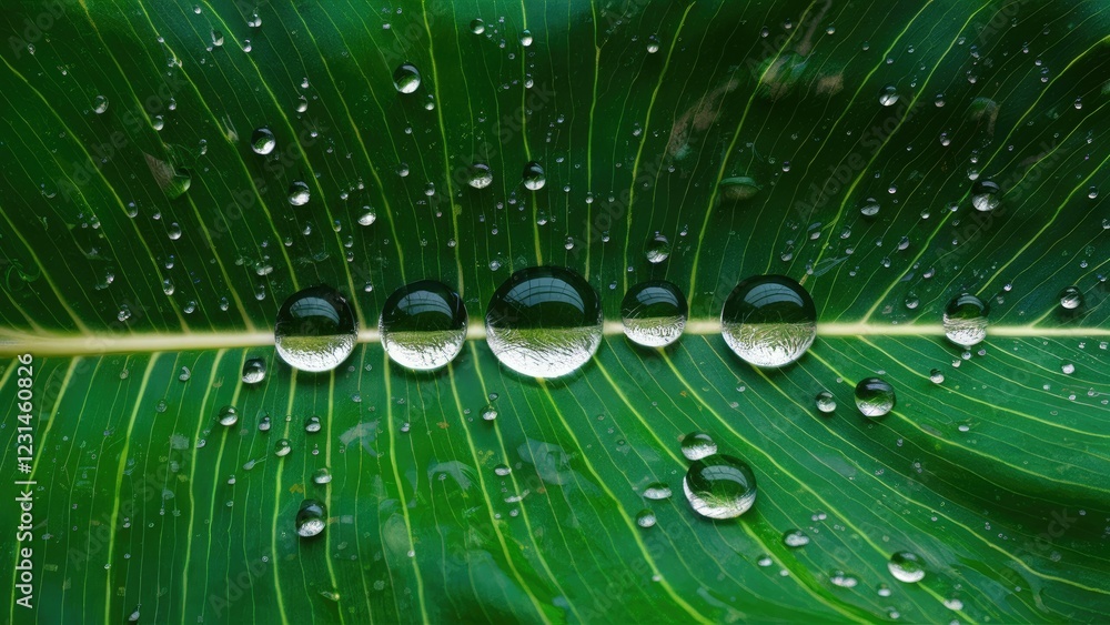 Poster Water droplets on a green leaf create a stunning close-up view with glistening details and varying sizes, set against a vibrant background.