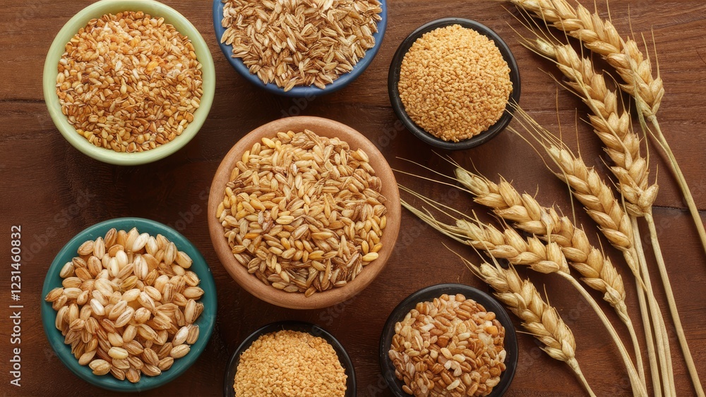 Poster assorted grains and wheat ears in various bowls arranged on a wooden table with warm earthy tones em