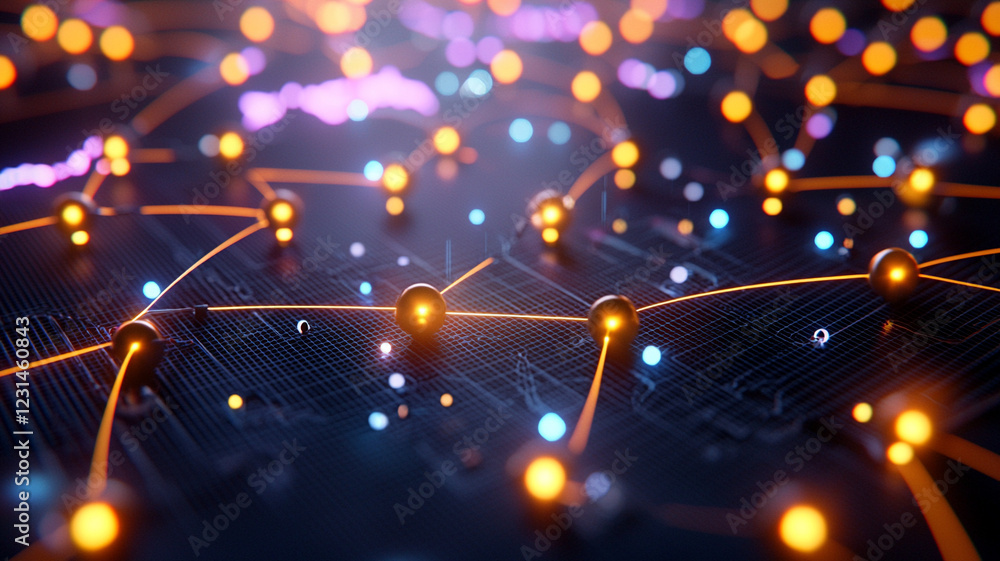 Poster abstract network visualization with glowing nodes and connecting lines, set against a dark, textured