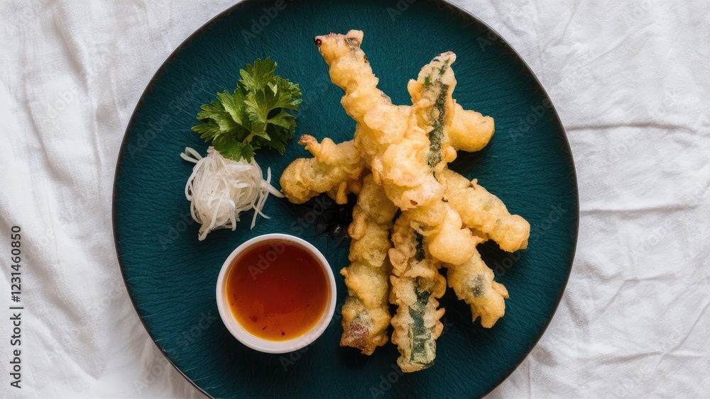 Poster golden tempura vegetables arranged elegantly on a deep teal plate, accompanied by ponzu sauce, garni