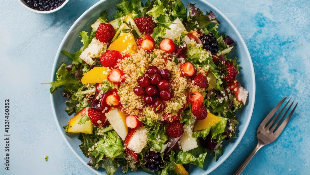 Poster fresh colorful salad with quinoa, mixed greens, and assorted fruits including berries and citrus, ar