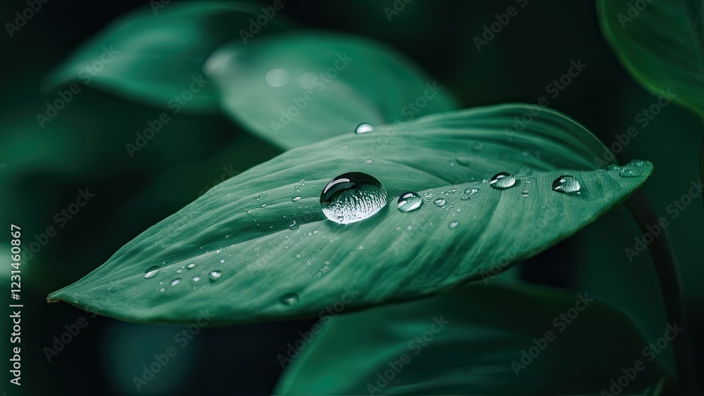 Poster Close-up of dew droplets on a vibrant green leaf with smooth texture, featuring a prominent large droplet in center and smaller droplets scattered around.
