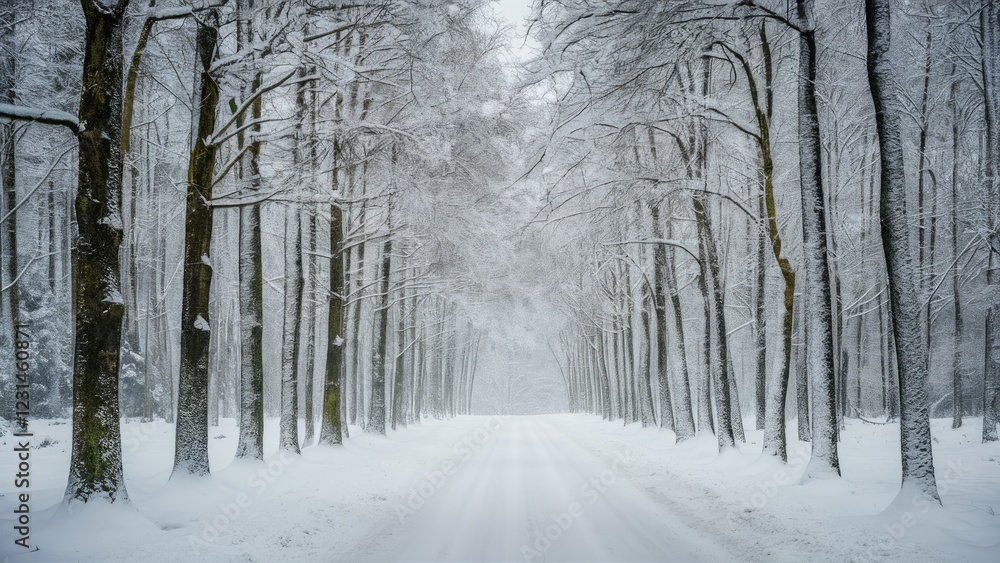 Aufkleber Winter forest pathway lined with tall snow-covered trees in shades of white and gray creating a serene atmosphere on a foggy day.