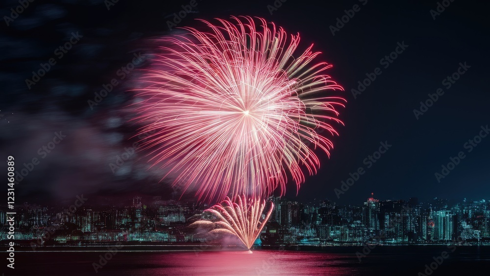 Aufkleber vibrant pink and red fireworks burst over a dark city skyline with a bokeh blur effect in the backgr