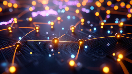 Abstract network visualization with glowing nodes and connecting lines, set against a dark, textured background. The image evokes themes of connectivity, data flow, and technological advancement.