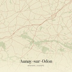 Retro map of Aunay-sur-Odon, Normandie, France. Vintage street map.