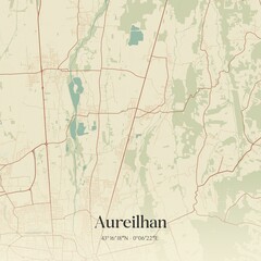 Retro map of Aureilhan, Occitanie, France. Vintage street map.