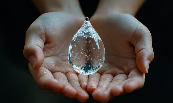Clean Water Drop: World Water Day Campaign Hands delicately holding a pristine water drop, symbolizing the importance of clean water and participation, Generative AI