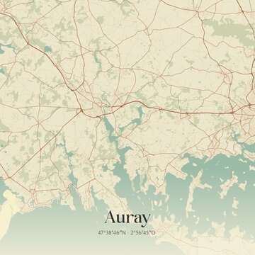 Retro map of Auray, Bretagne, France. Vintage street map.