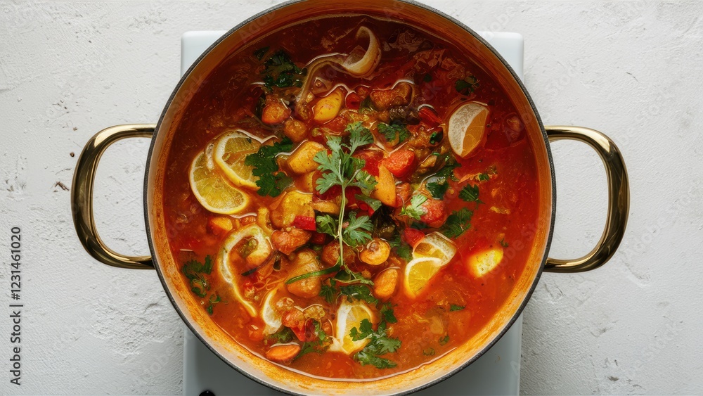Poster vibrant curry stew with yellow and orange vegetables in a golden pot garnished with cilantro and lem