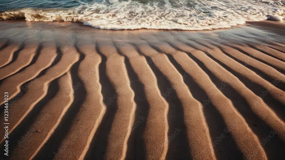 Poster Wavy sandy beach texture with gentle waves lapping at the shoreline creating soft shadows in warm beige tones under natural sunlight