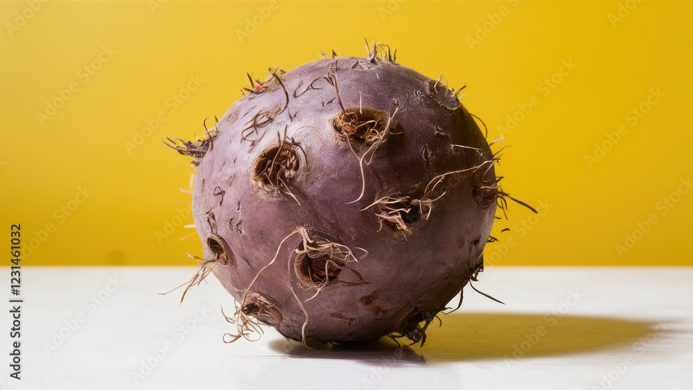 Poster taro root with rough texture positioned centrally against a vibrant yellow background casting soft s