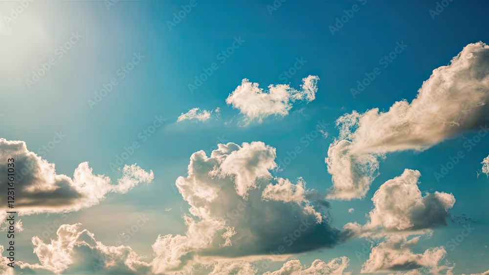Poster bright blue sky filled with fluffy white clouds casting soft shadows under the sunlight creating a s