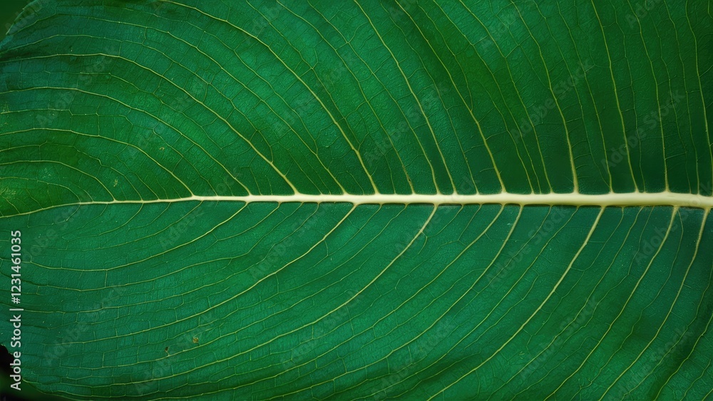 Poster detailed close-up of a vibrant green leaf showcasing rich textures and prominent veins centered in t