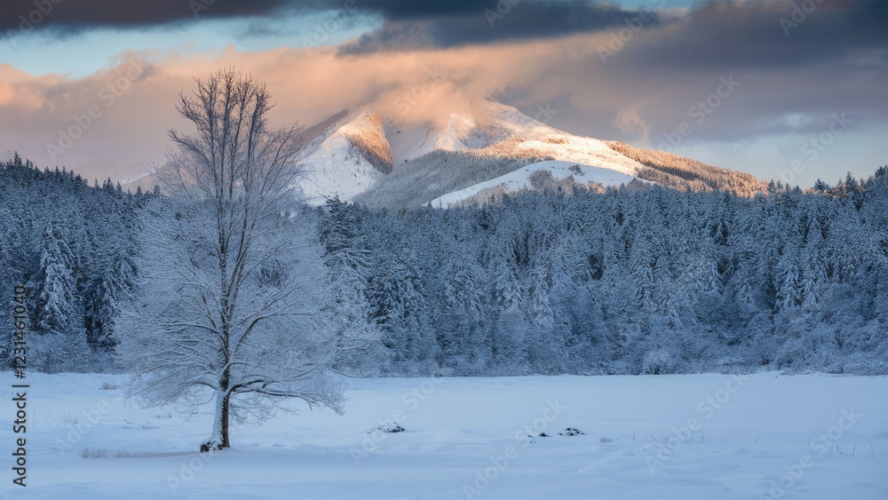 Poster serene winter landscape with a single frost-covered tree in front of snow-blanketed mountains under 