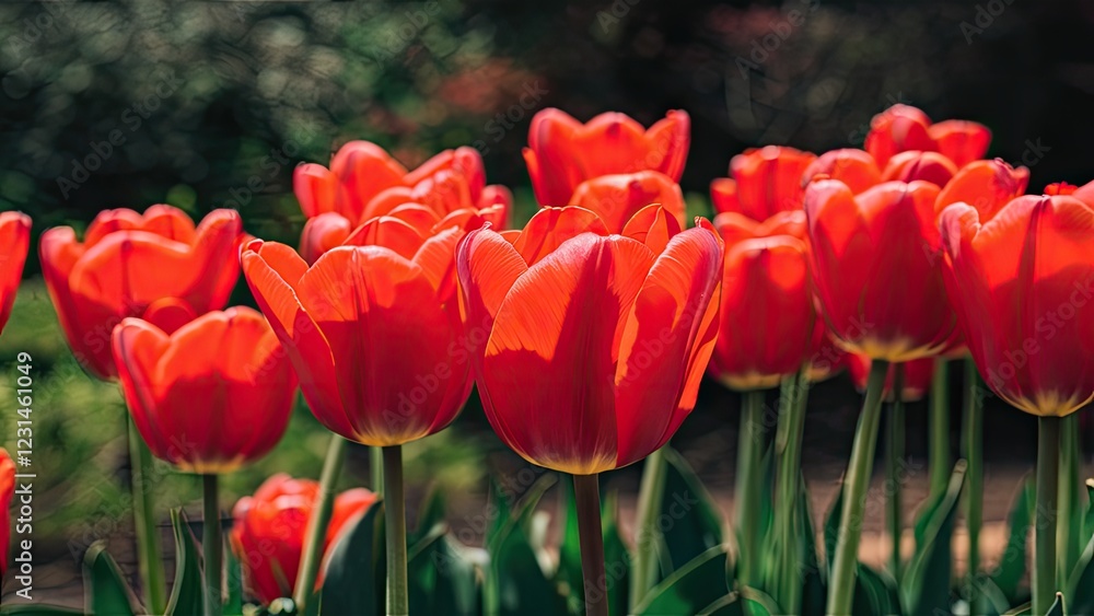 Aufkleber vivid red tulips in full bloom with lush green leaves positioned in the foreground against a blurred