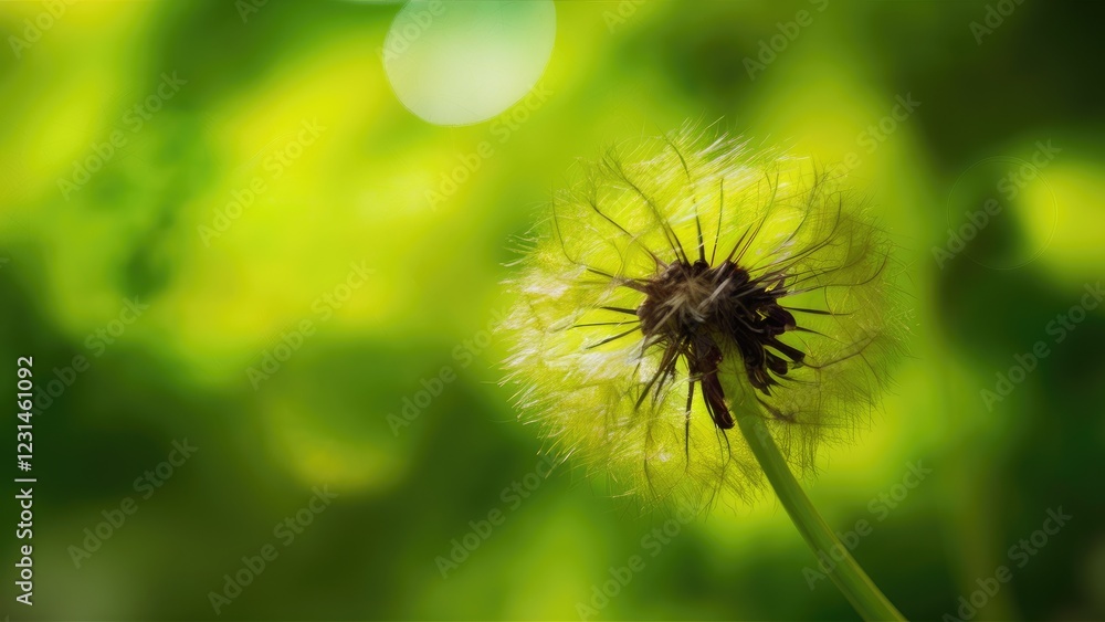 Leinwandbilder Dandelion seed head against a vibrant green bokeh backdrop with blurred light spots creating a dreamy, ethereal atmosphere in the background.