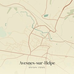 Retro map of Avesnes-sur-Helpe, Hauts-de-France, France. Vintage street map.