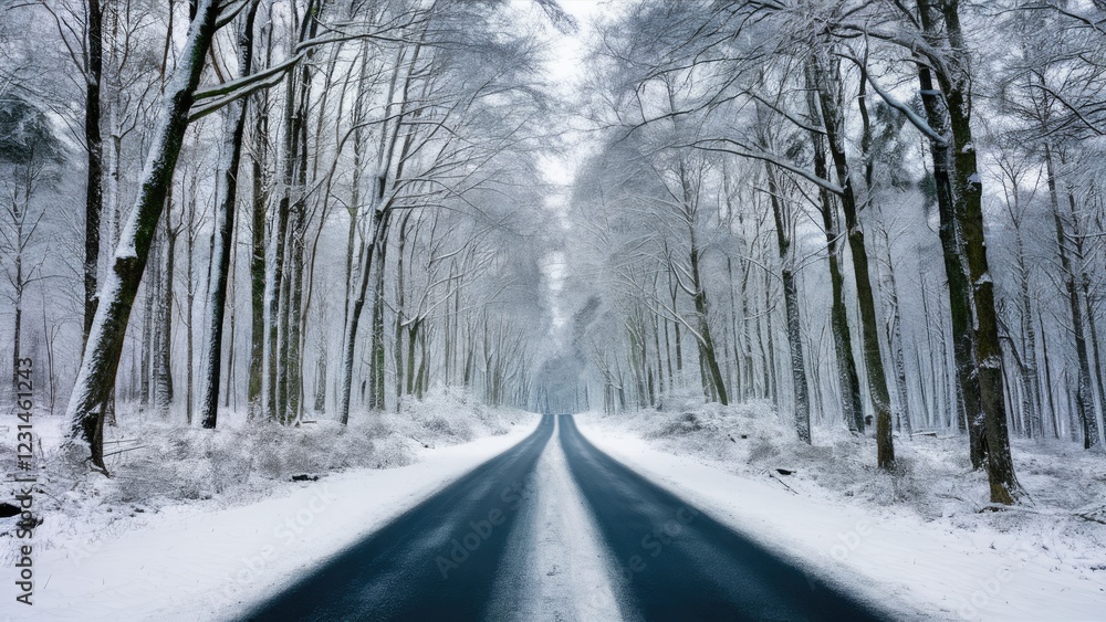 Aufkleber Serene winter road flanked by snow-covered trees on either side with a soft grey sky creating a tranquil atmosphere in a snowy forest setting