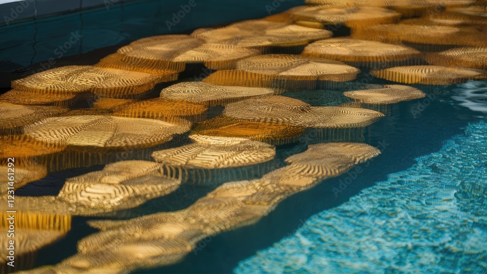 Poster textured golden patterns floating on a serene blue water surface in a pool, with layered circular sh