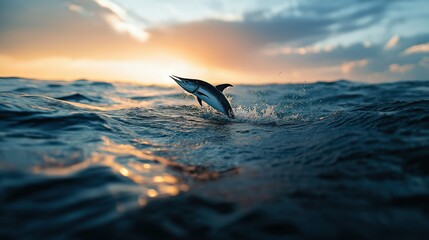 Naklejka premium Dolphin Leaping at Sunset Ocean Wildlife Scene