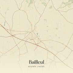 Retro map of Bailleul, Hauts-de-France, France. Vintage street map.