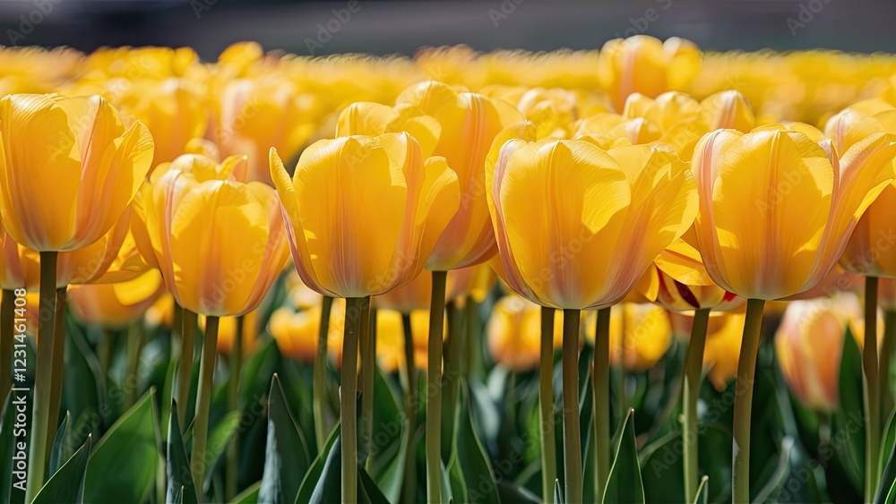 Poster sunny yellow tulips in sharp focus with soft green leaves foreground and a blurred gentle background