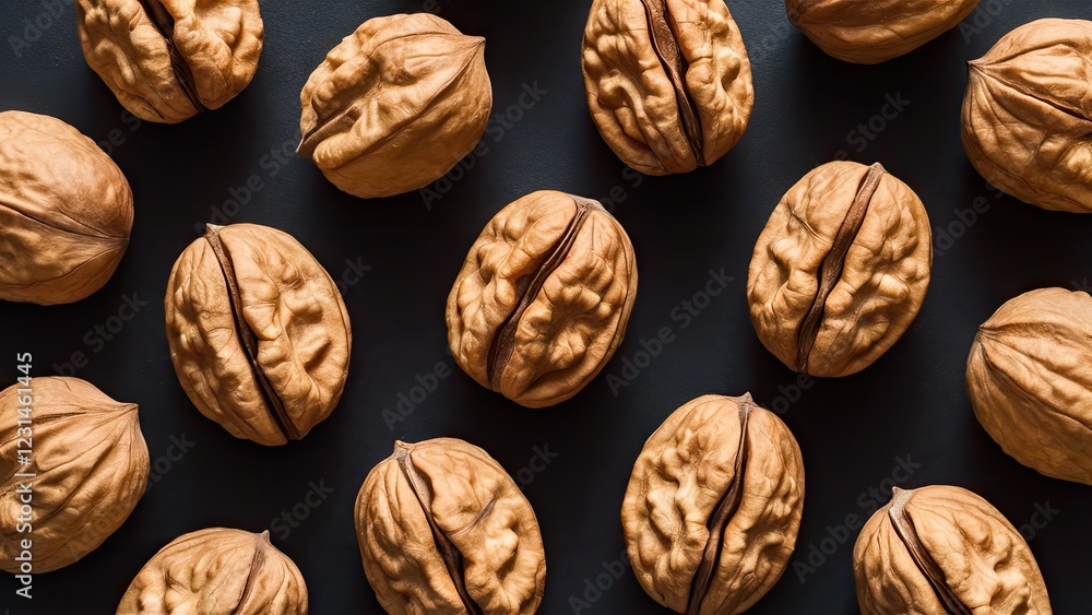 Poster Walnuts arranged in a symmetrical pattern on a dark background top view showcasing their textures with ample space for text insertion