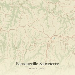 Retro map of Baraqueville-Sauveterre, Occitanie, France. Vintage street map.