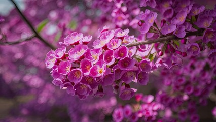 Obraz premium Vibrant clusters of purple blossoms on a branch against a blurred background of purple hues, capturing the essence of spring's beauty.
