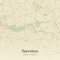 Retro map of Barenton, Normandie, France. Vintage street map.