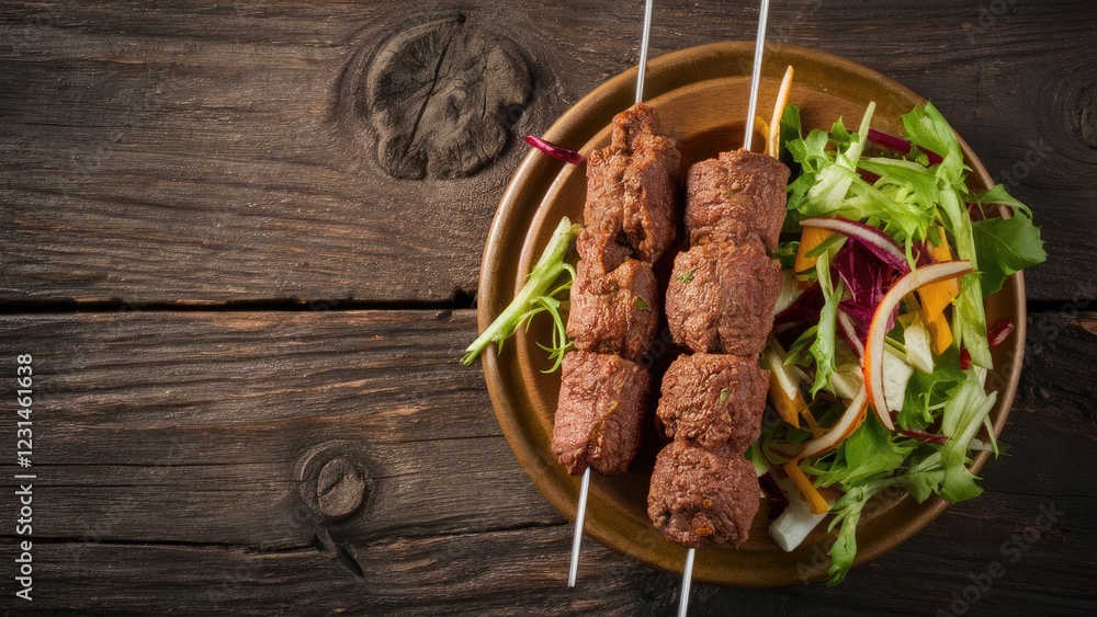 Poster grilled meat skewers on a rustic wooden plate with a fresh vibrant mixed salad featuring greens and 